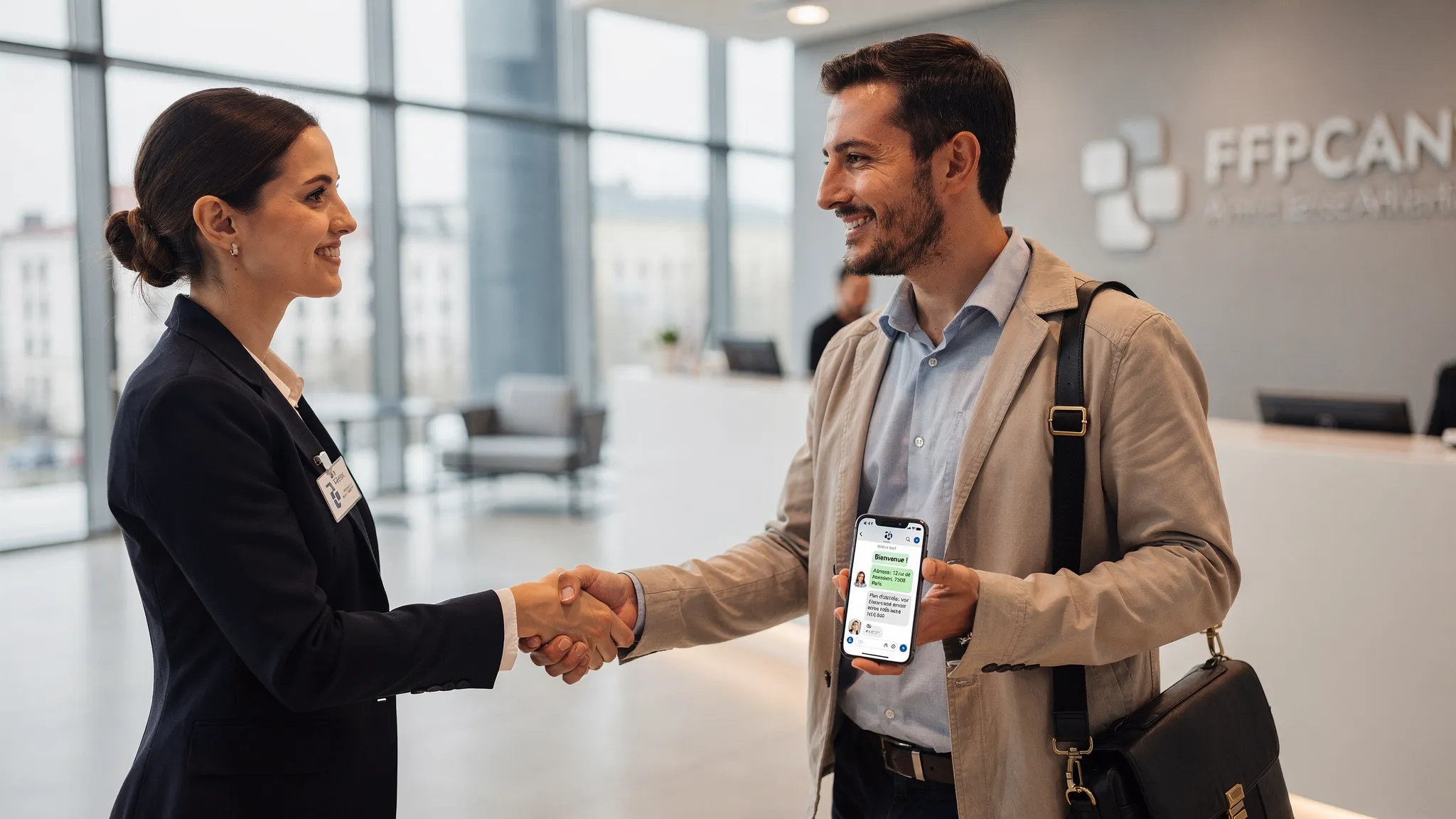 Accueil d’entreprise moderne où un visiteur serre la main d’une commerciale. Sur le smartphone du visiteur, on voit un SMS de check‑in contenant l’adresse, le plan d’accès et le numéro d’accueil.