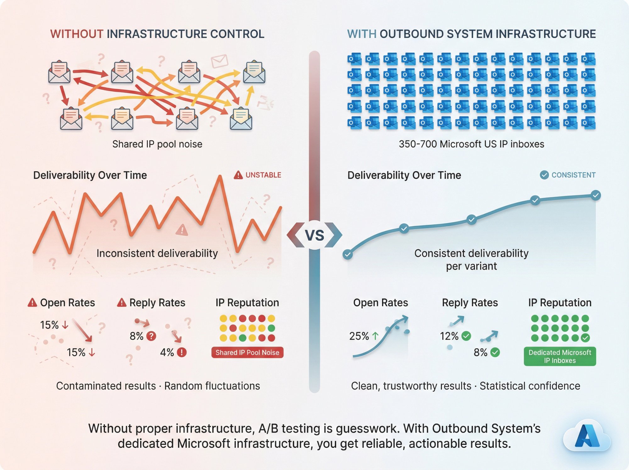 Split comparison showing unstable DIY A/B testing versus controlled testing with dedicated Microsoft infrastructure