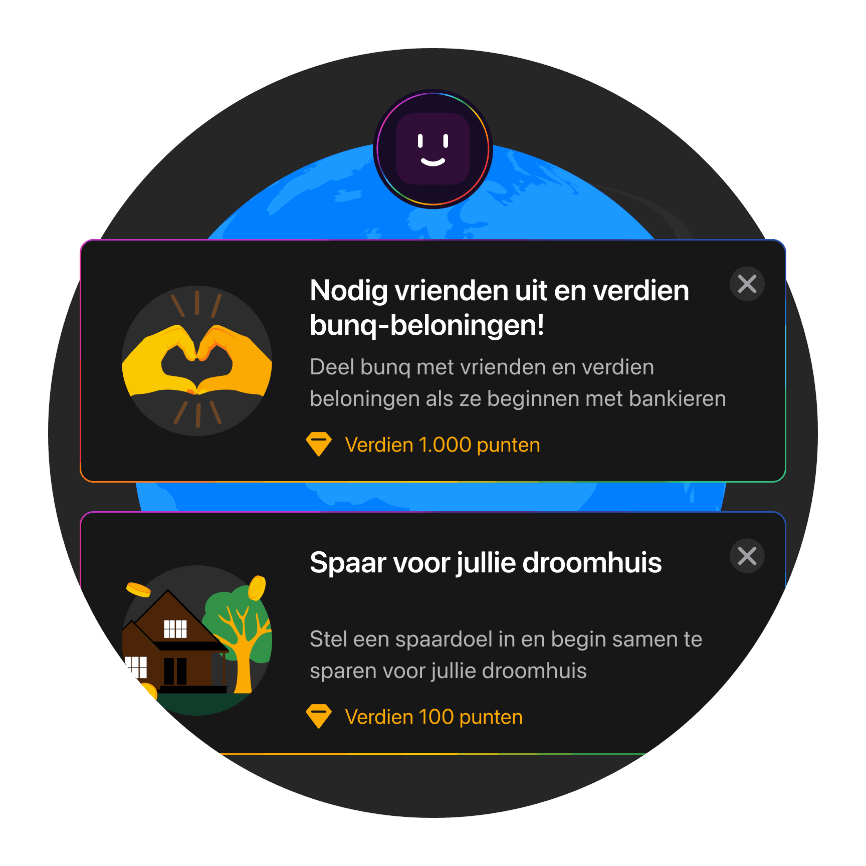 Image shows two circular icons with texts about earning rewards by tracking habits and completing tasks.