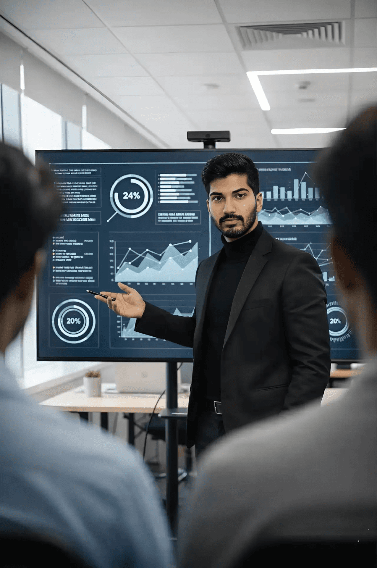 Mahendra R conducting digital marketing training session at NIDM Bengaluru, standing in front of large screen displaying analytics charts while engaging with students in professional corporate training environment