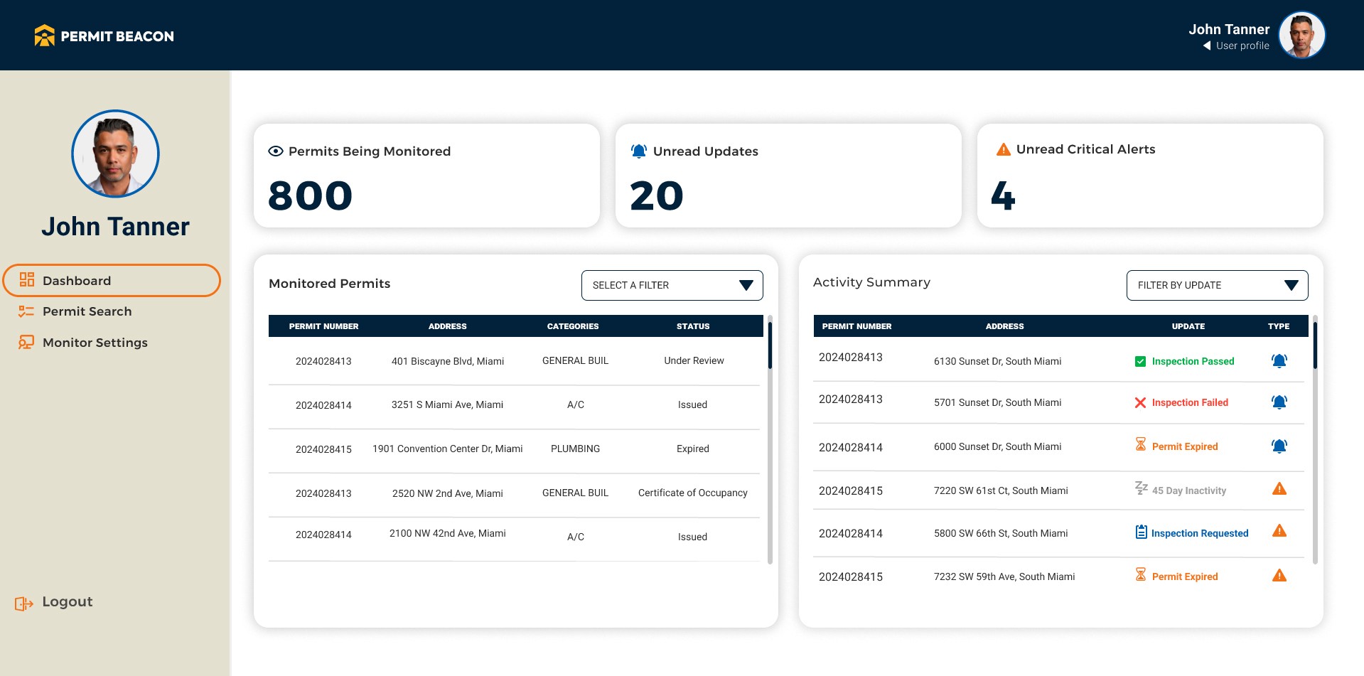 Screenshot of Permit Beacon's intuitive web app dashboard, showcasing centralized permit tracking, compliance status, and real-time construction project monitoring.