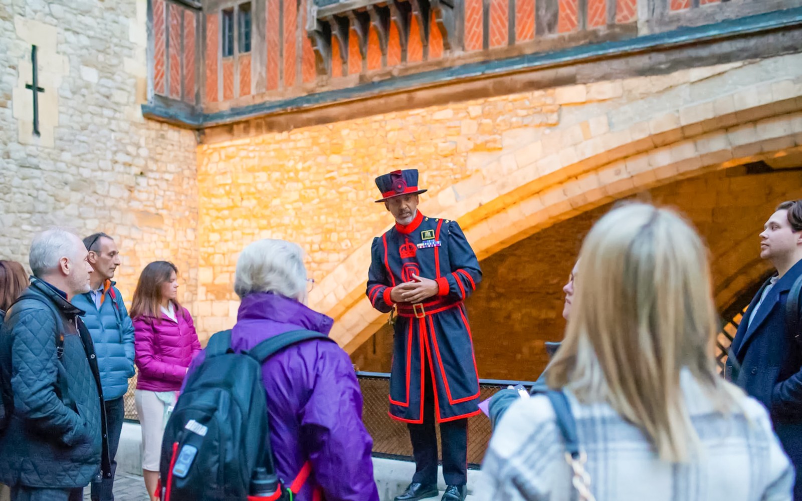 Tour group with a Beefeater guide at the Tower of London.