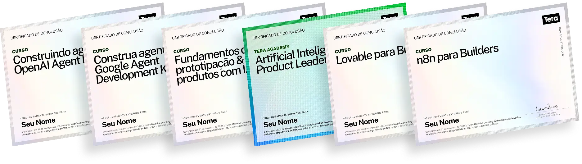 Uma série de sete certificados de formaçao dispostas em fila, cada uma com texto e designs diferentes.