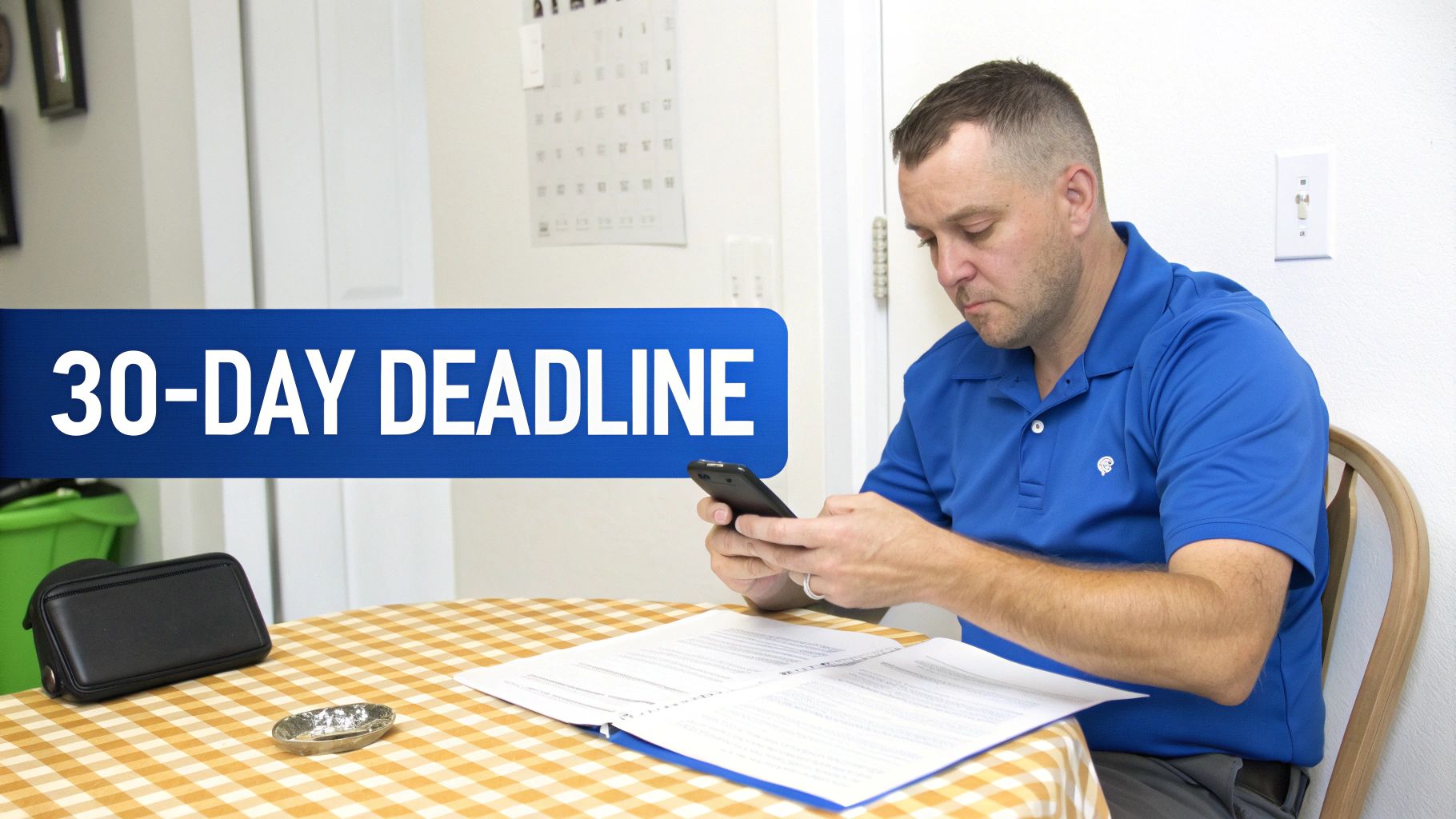 A man in a blue shirt sits at a table, looking at his phone next to documents and a '30-DAY DEADLINE' banner.