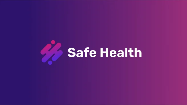 Safe Health white wordmark and pink-to-purple symbol on a gradient background.