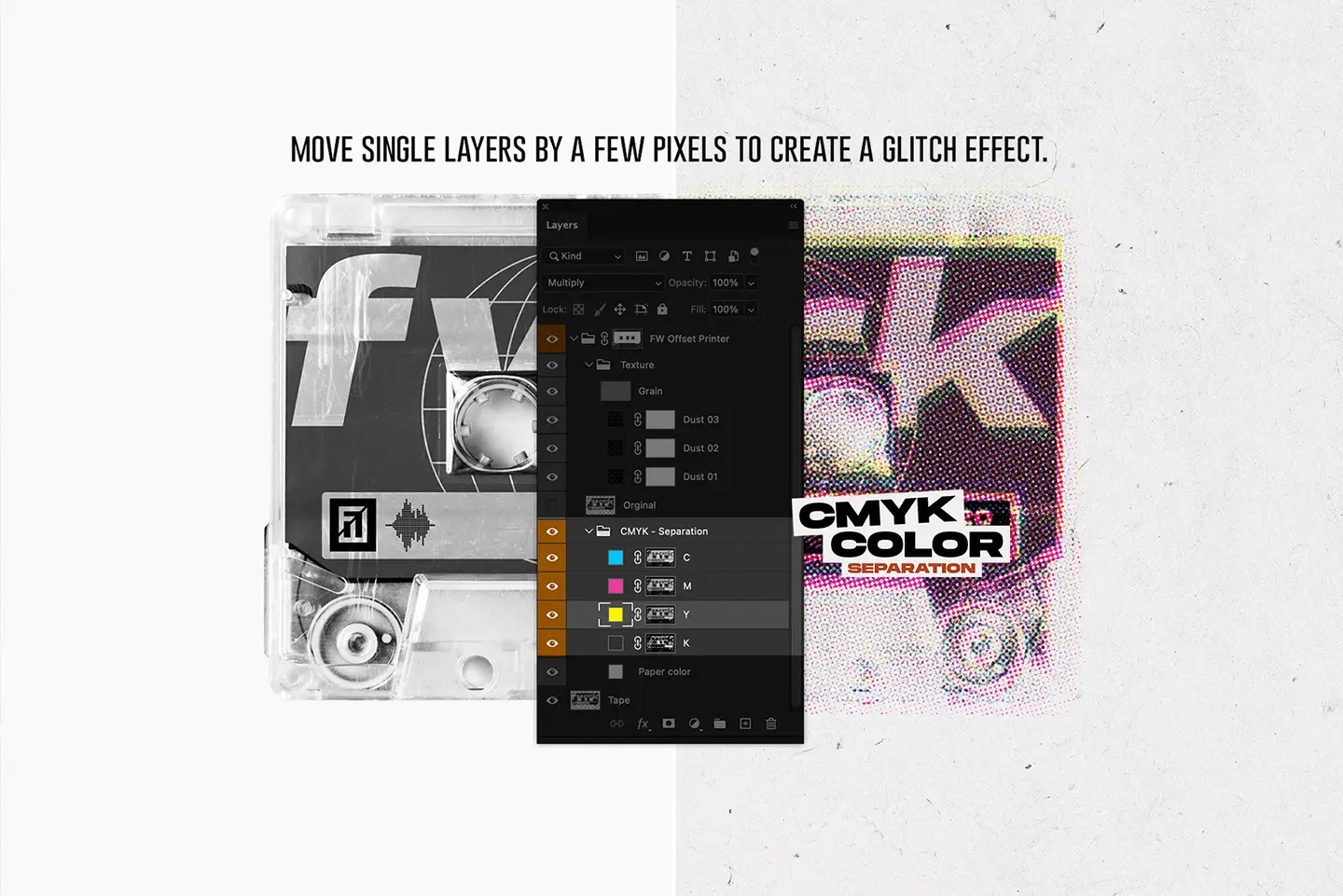 Tutorial showing how to create a glitch effect by moving single cmyk layers in photoshop