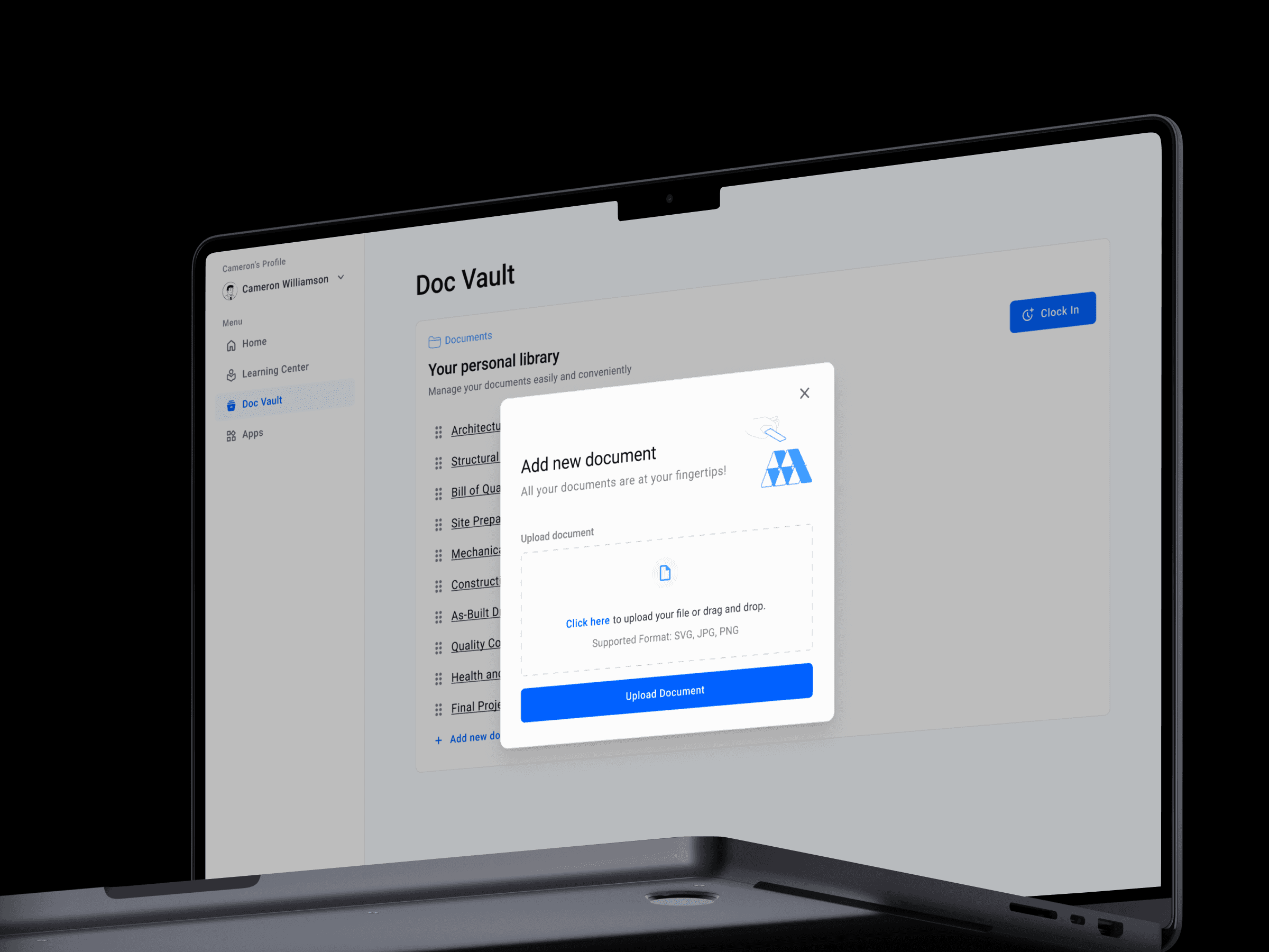 Экран компьютера, на котором отображается интерфейс Doc Vault с всплывающим окном под названием «Добавить новый документ». В нем доступны опции для загрузки документов в таких форматах, как SVG, JPG и PNG.