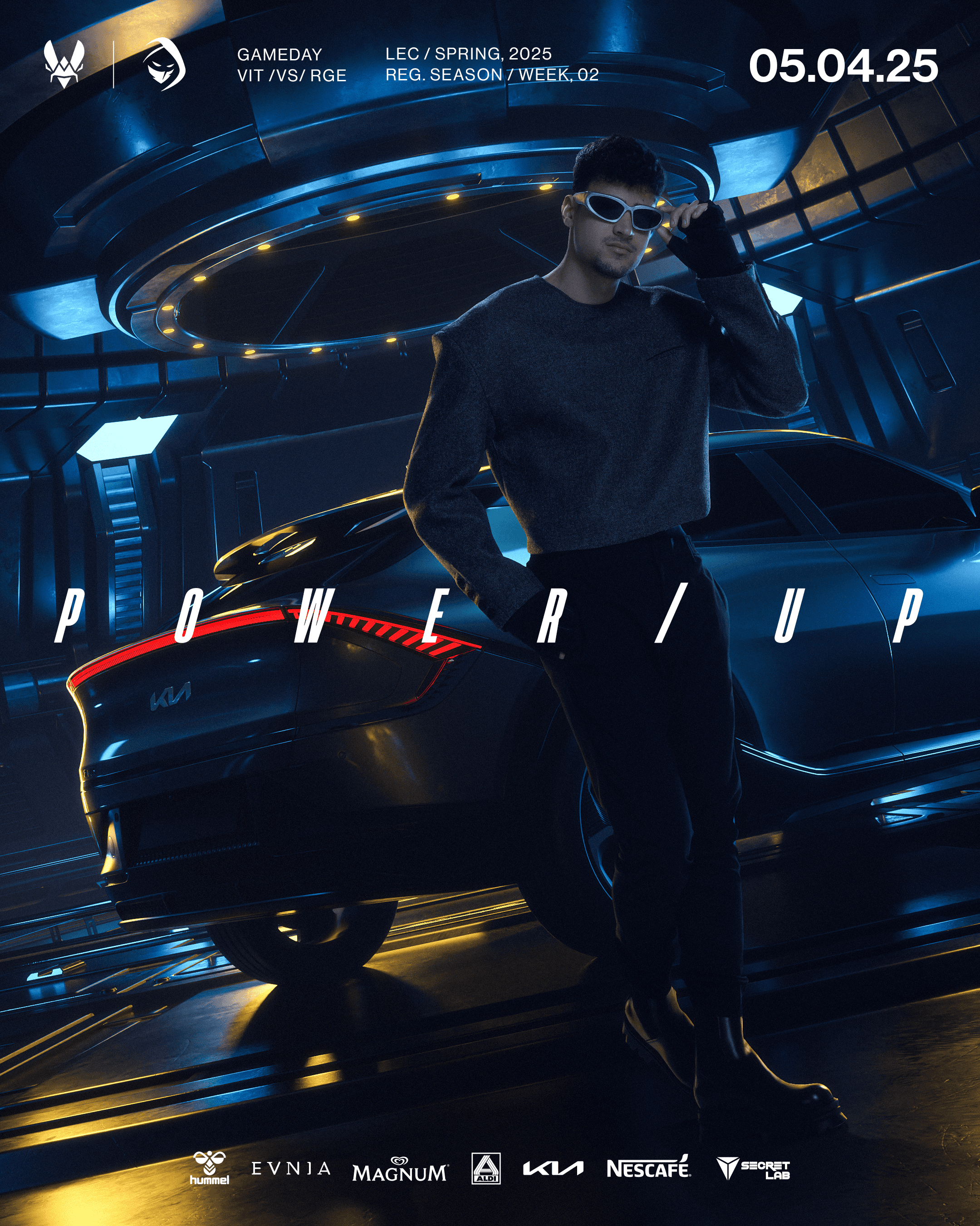 KIA x LOL project visual: White man standing in front of a KIA vehicle in a futuristic setting, large white headline "Power/up", sponsor logos in white at the bottom