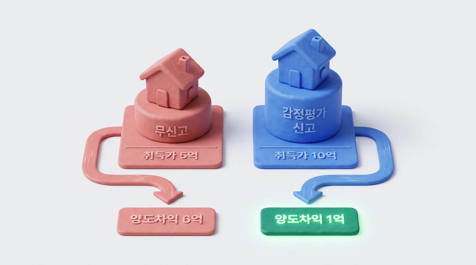 상속세 무신고와 감정평가 신고의 양도차익 6억 원 대 1억 원 비교 도해