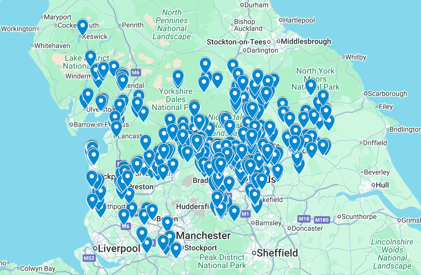 Map of clients in Yorkshire and Lancashire