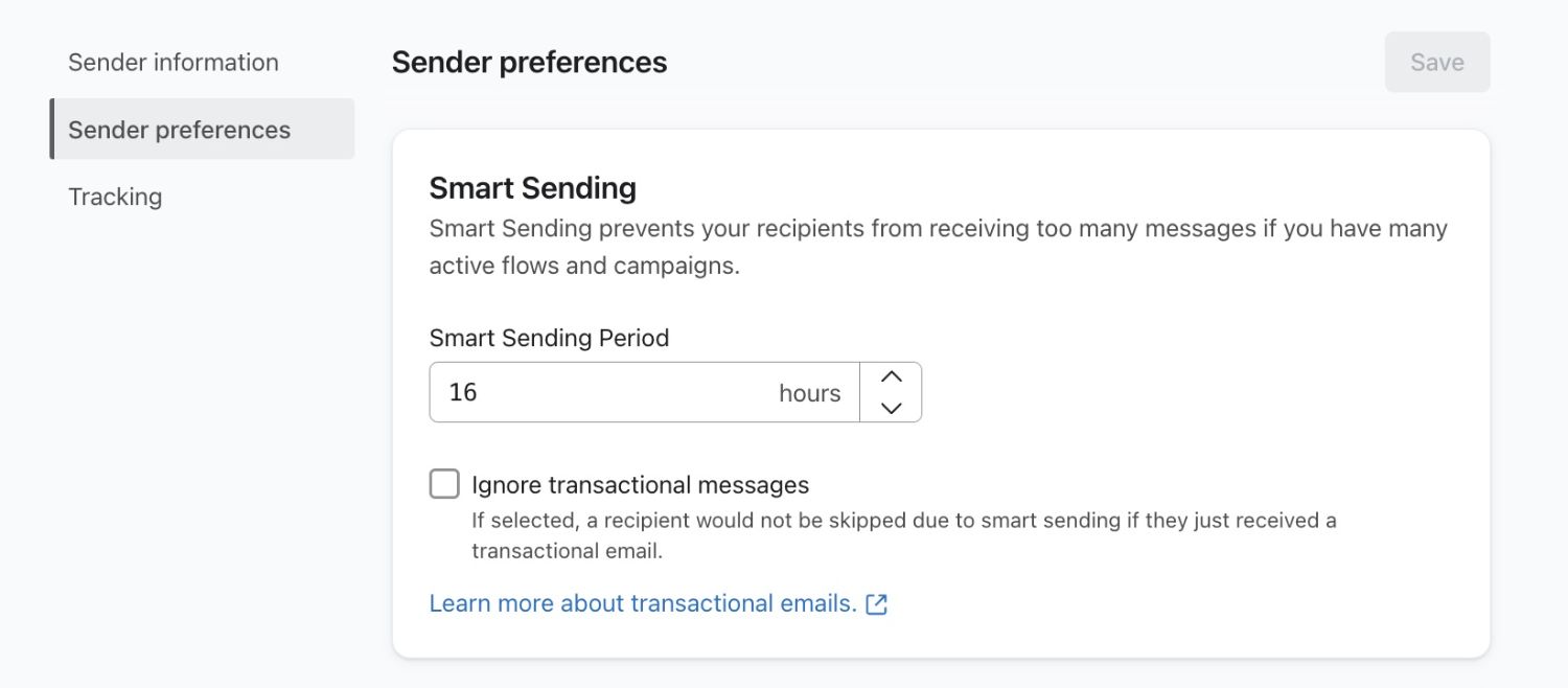 Activate Smart Sending.jpg – Klaviyo's smart sending settings to prevent excessive messaging within a set time period.