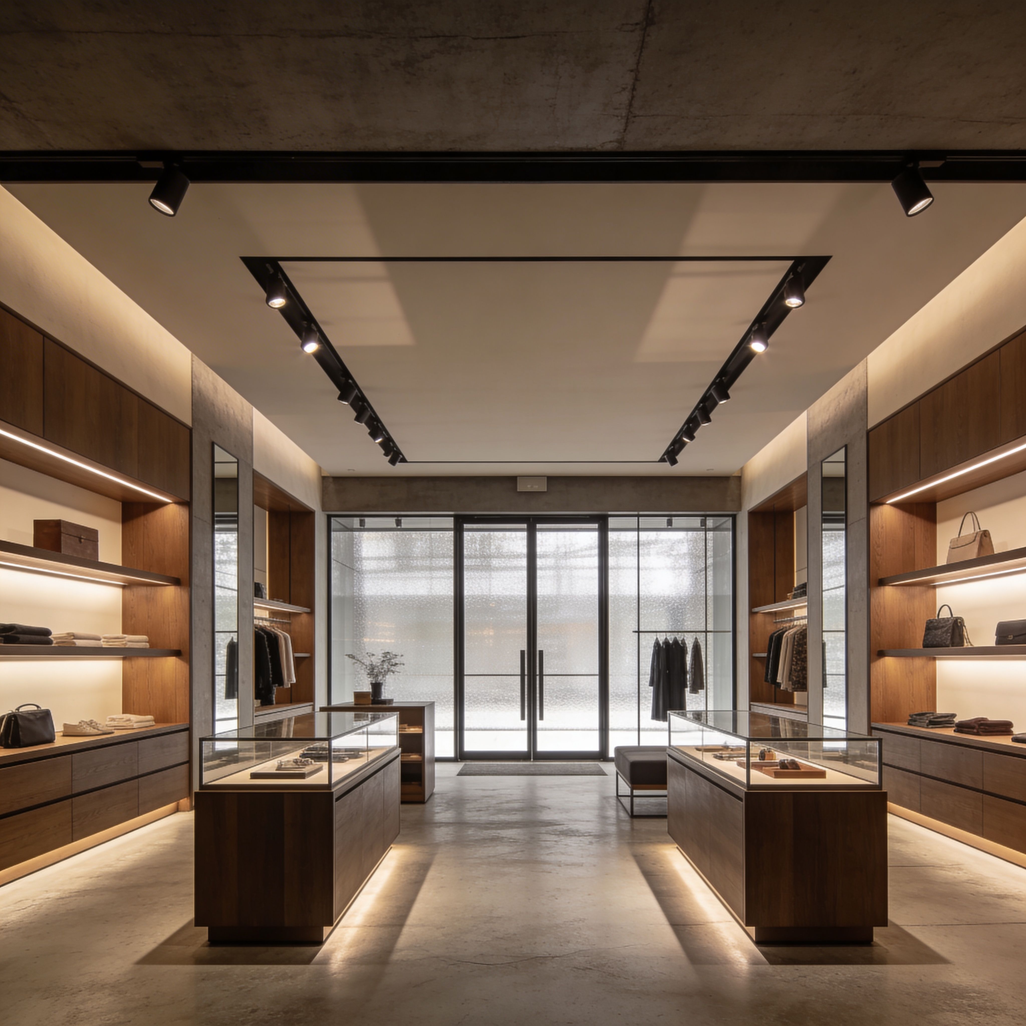 Luxury retail store interior with wooden displays, glass showcases, and modern lighting design