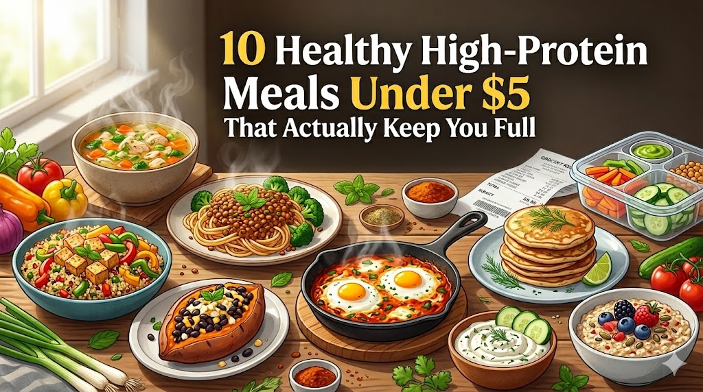 A modern health food magazine cover showing a rustic wooden table covered with a diverse variety of affordable, protein-rich dishes, including chicken soup, lentil spaghetti, tofu quinoa salad, shakshouka, protein pancakes, a stuffed sweet potato, Greek yogurt dip, and oatmeal with berries. Natural light streams from a window on the left. Includes text: '10 Healthy High-Protein Meals Under $5 That Actually Keep You Full'. Also shows meal prep containers and a grocery receipt.