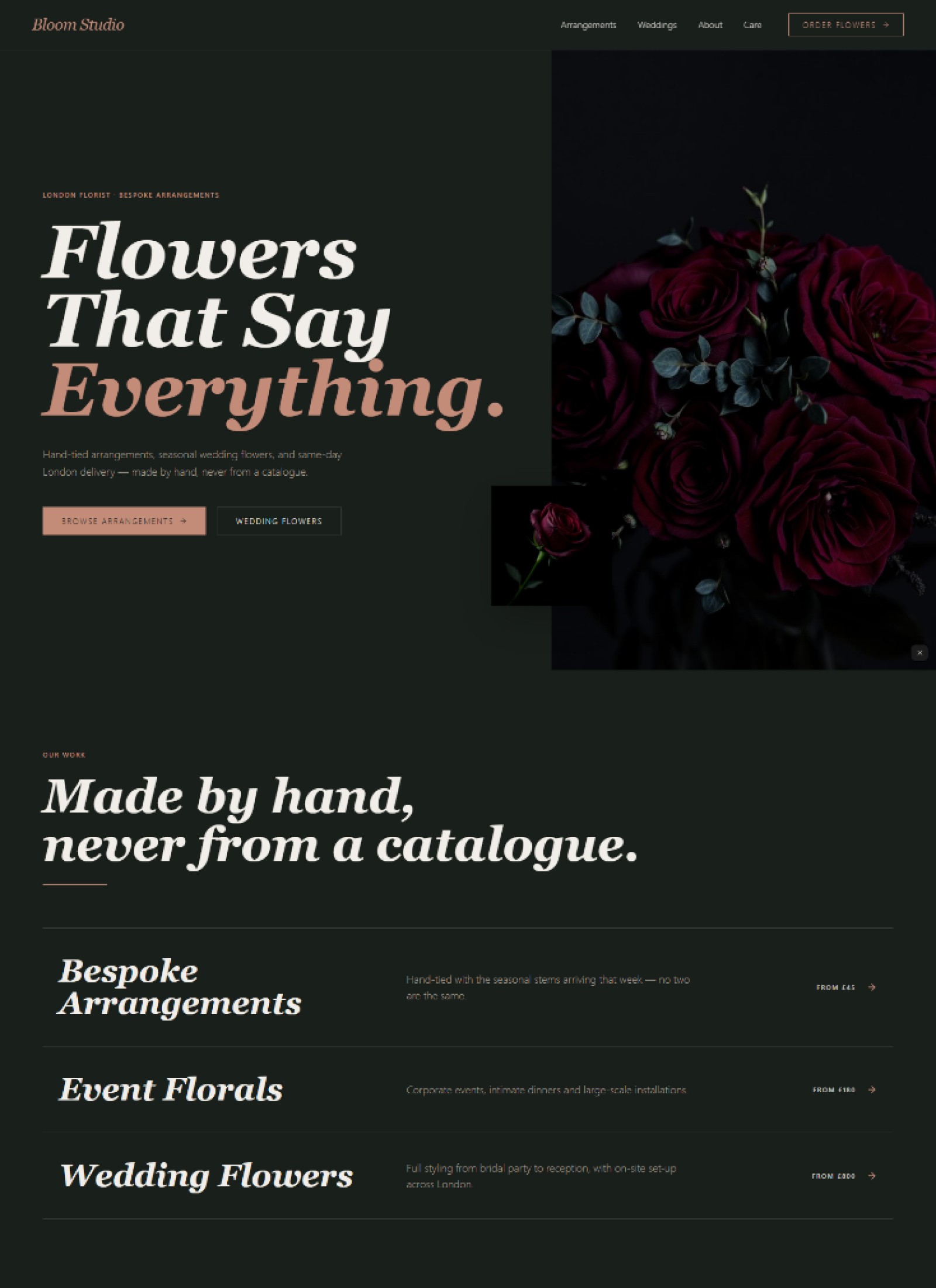 Florist website prompt — dark forest and dusty rose luxury flower studio editorial website design preview