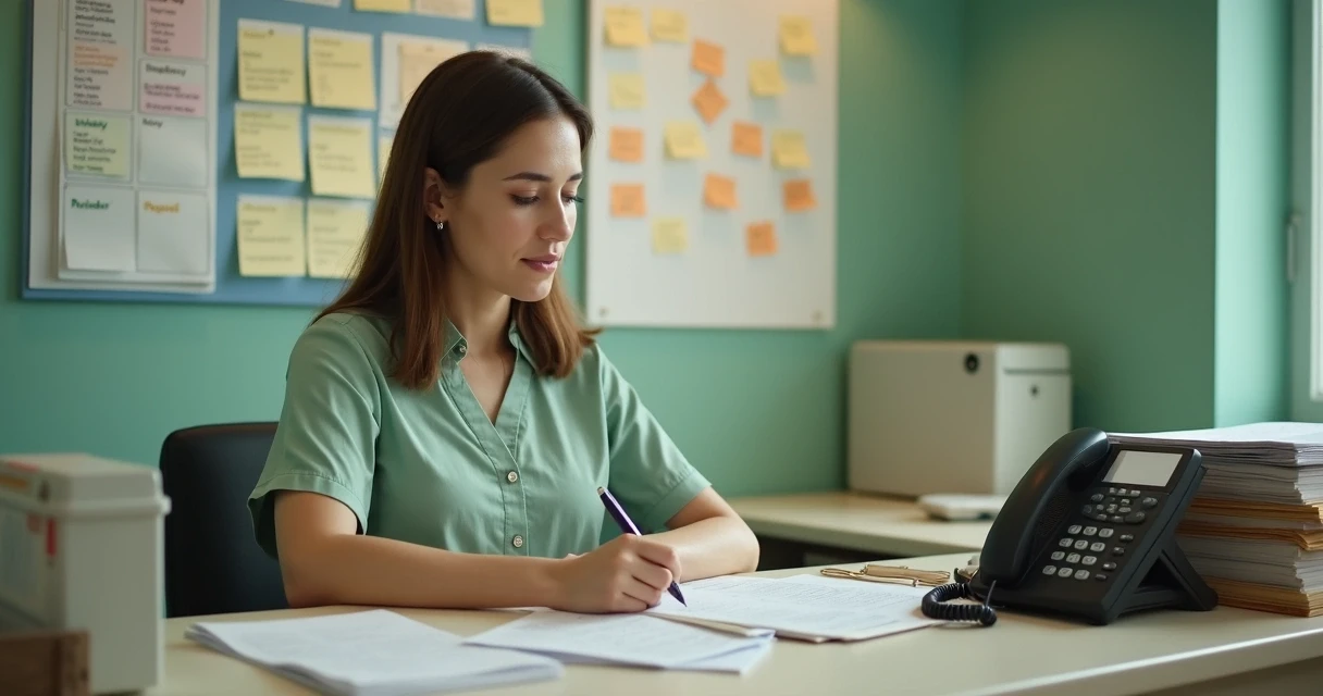 Secretária tradicional em consultório de nutrição organizando agenda 