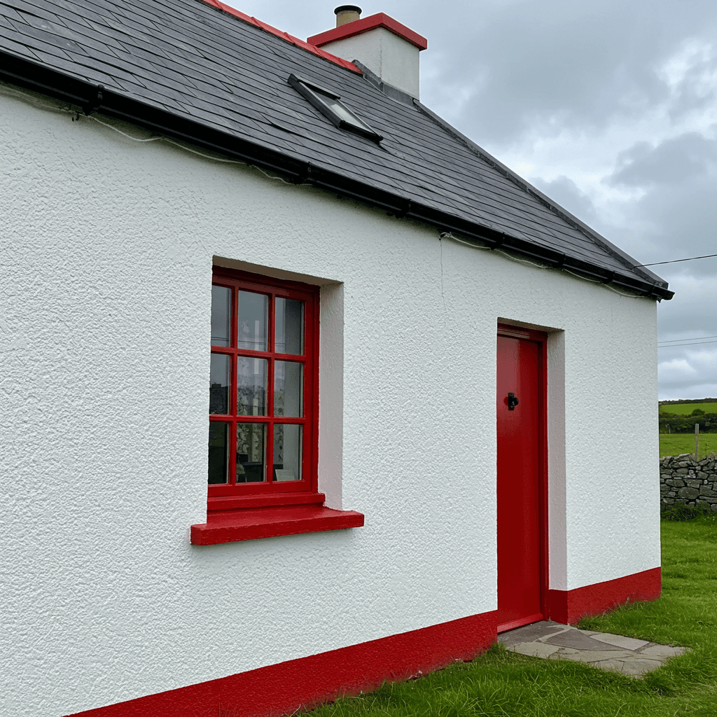 An Irish Cottage with fresh white paint on the walls and red paint on the door and windows
