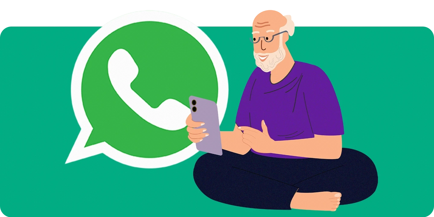 Ilustração de um idoso sentado no chão checando o WhatsApp no smartphone