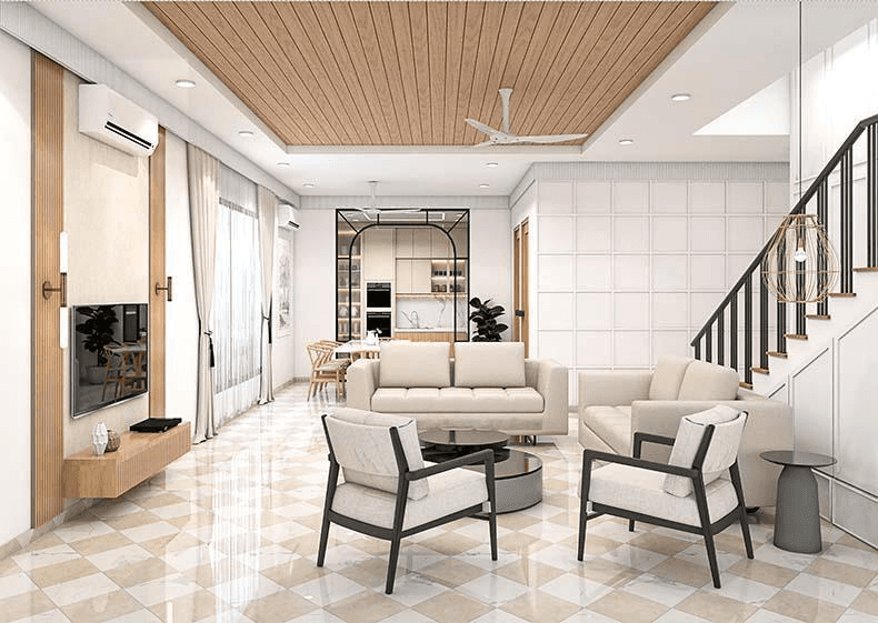 A modern white SUV is parked in a stylish driveway under a sleek carport. A woman in business attire walks towards the vehicle, conveying a professional tone.