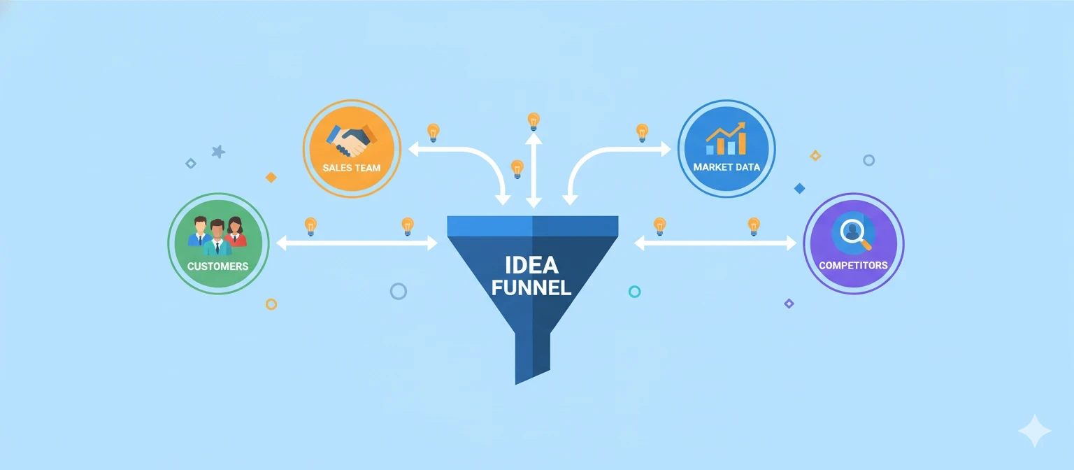 A simple flowchart graphic illustrating the process of gathering ideas