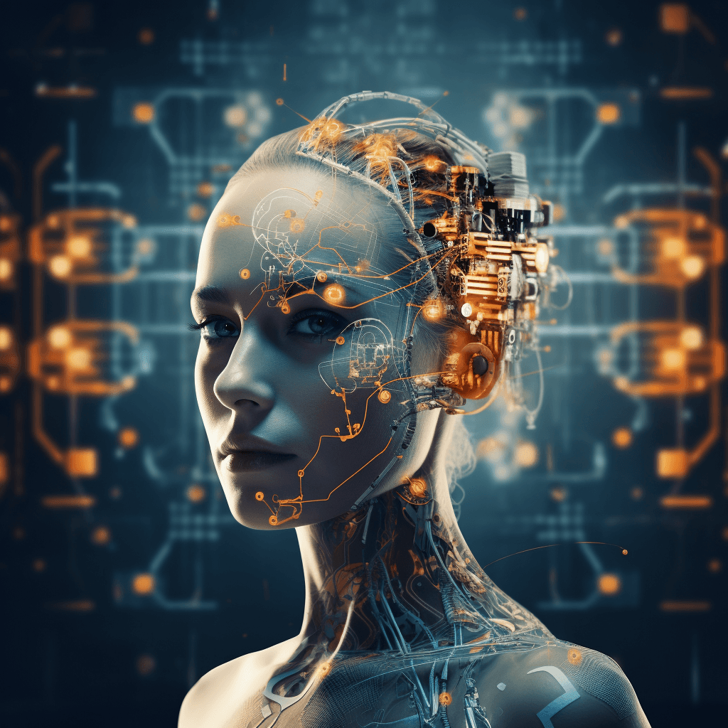 Close-up of a female humanoid robot with a partially transparent face showing intricate cybernetic components and circuitry. The backdrop features abstract digital graphics, symbolizing advanced artificial intelligence technology and futuristic concepts.