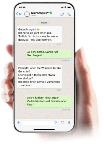 Apple Iphone mit WhatsApp-Kommuikation zwischen SilentAngels® Operator und Kunde.