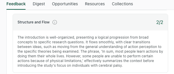 thesify feedback awarding a 2/2 score for Structure and Flow, noting a logical progression from broad concepts to specific questions.