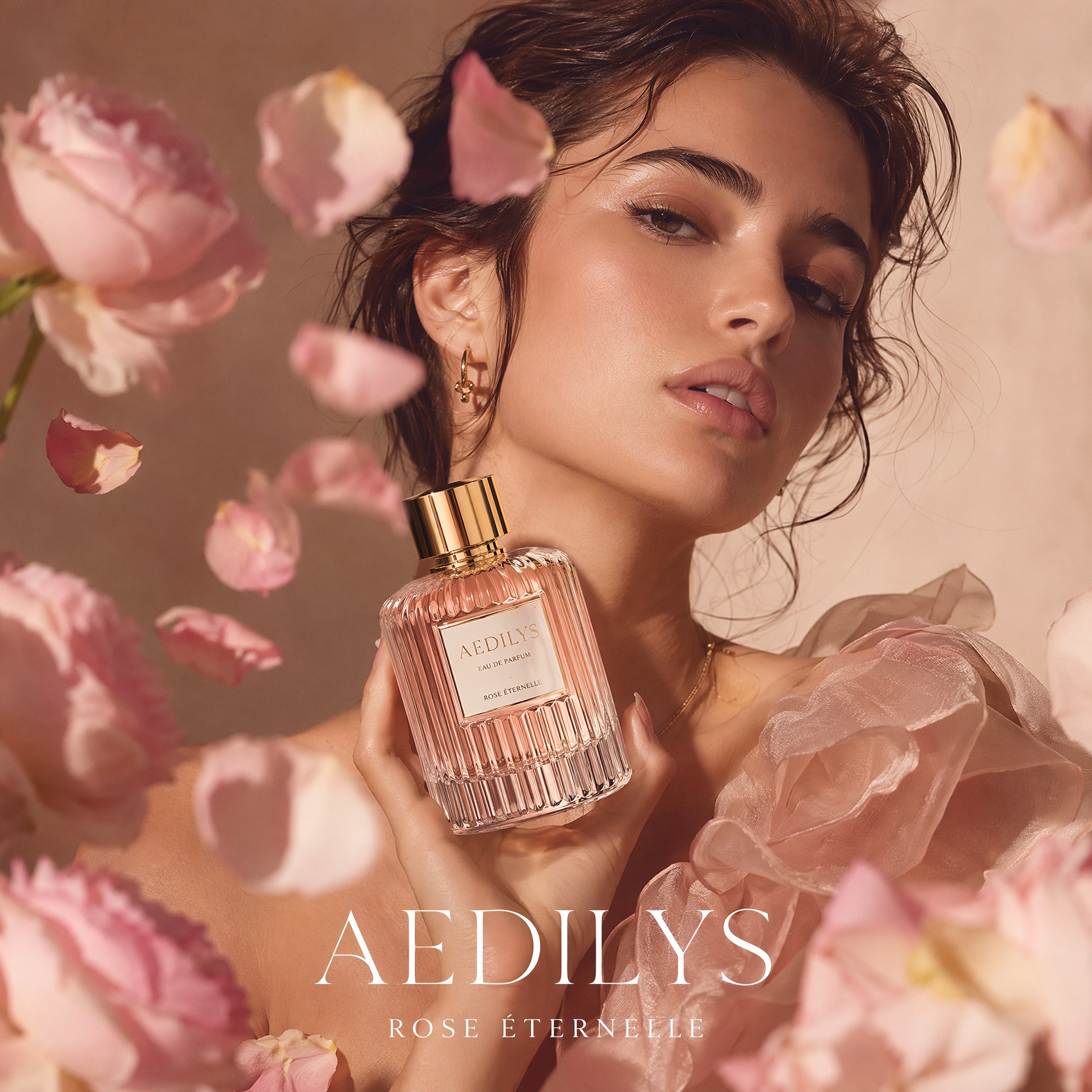brunette model woman modelling pink perfume with petals made on caspa AI
