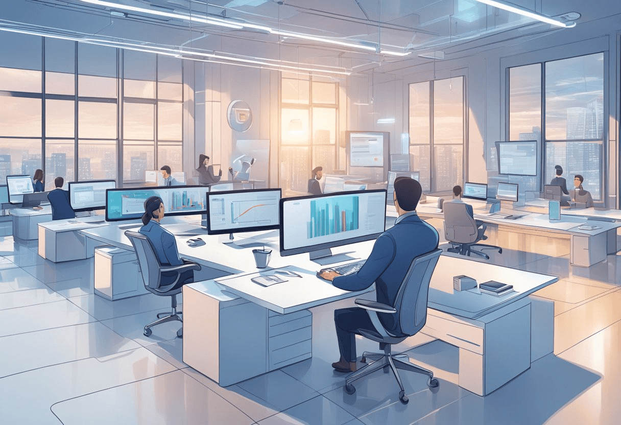 A futuristic office setting with AI technology seamlessly integrated into the talent acquisition process, showcasing advanced strategies for effective hiring