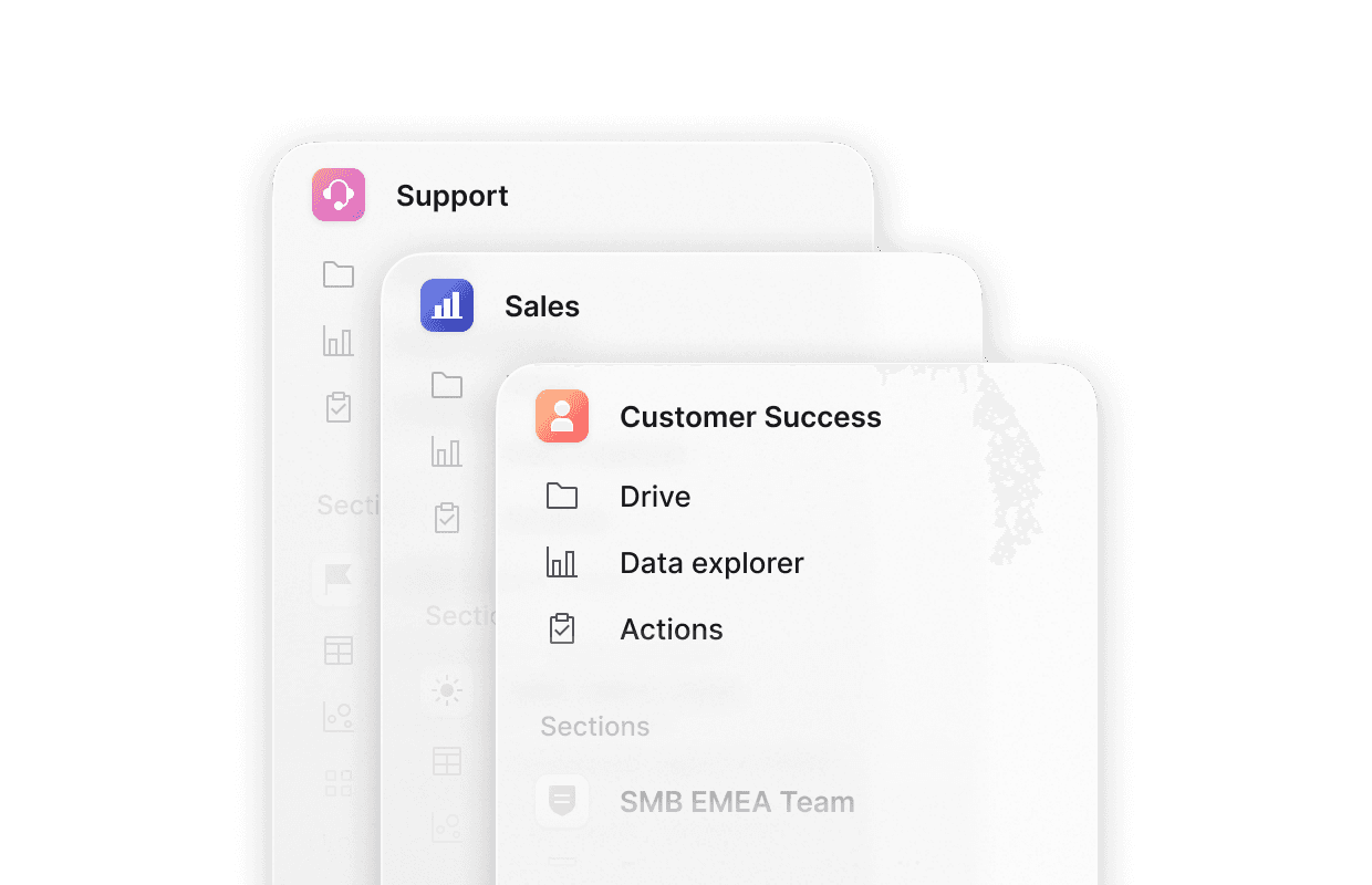 Three layered card view of different Planhat workspaces: Customer Success, Sales and Support.