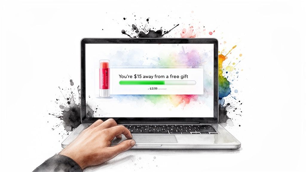 A hand on a laptop screen displaying a 'You're $15 away from a free gift' offer.