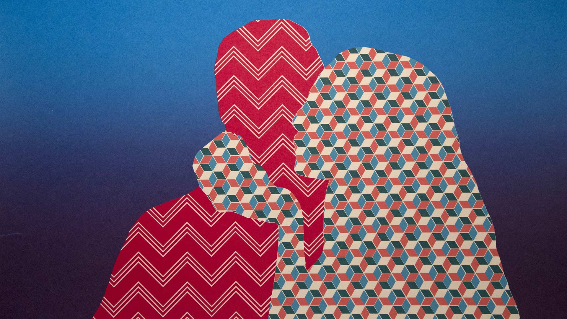 Silkscreen print featuring layered human silhouettes filled with bold geometric and zigzag patterns against a blue gradient background, exploring shape, repetition, and graphic composition through hand-crafted printmaking techniques.