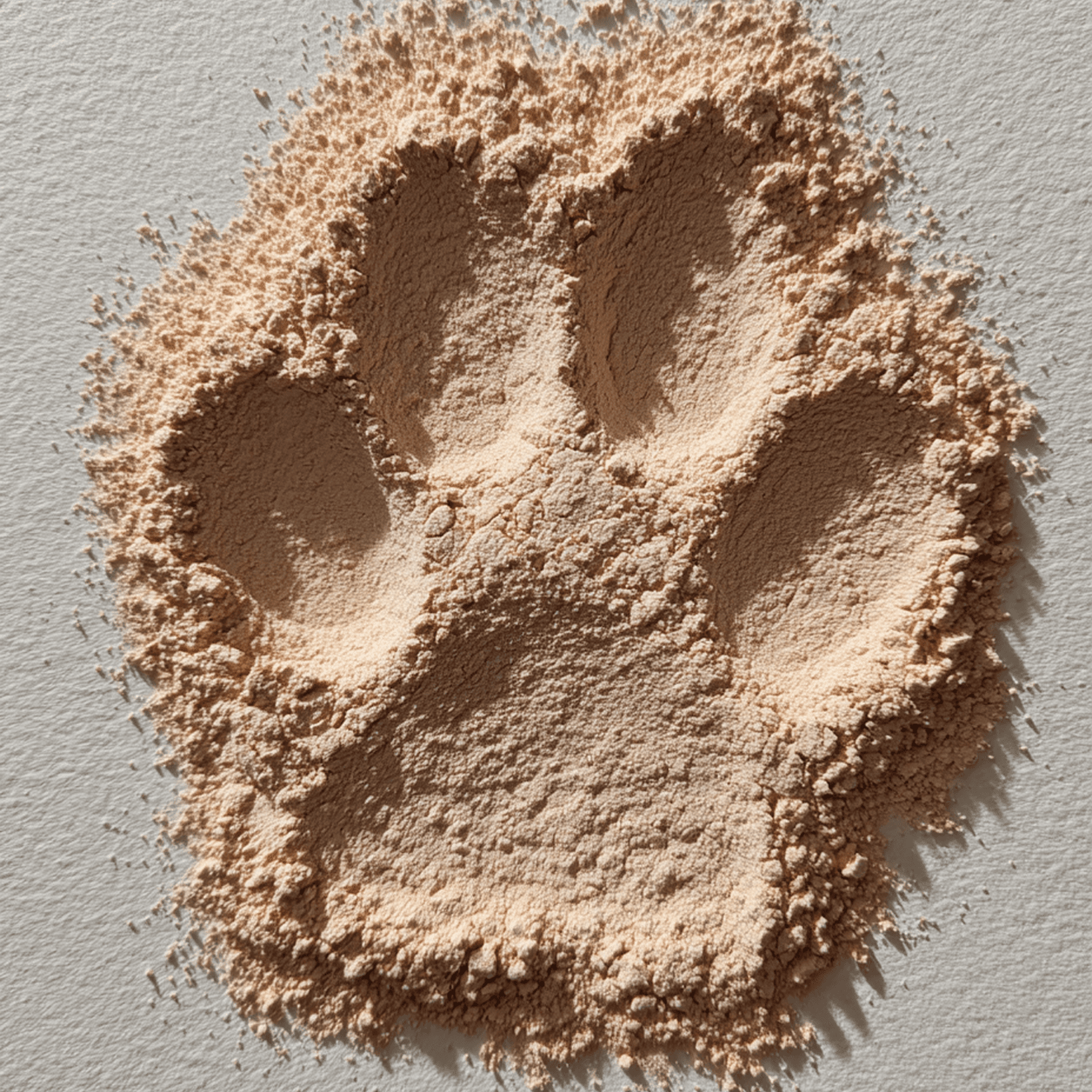 Paw print impression pressed into a fine powder surface, showing pressure and ground contact in small dogs