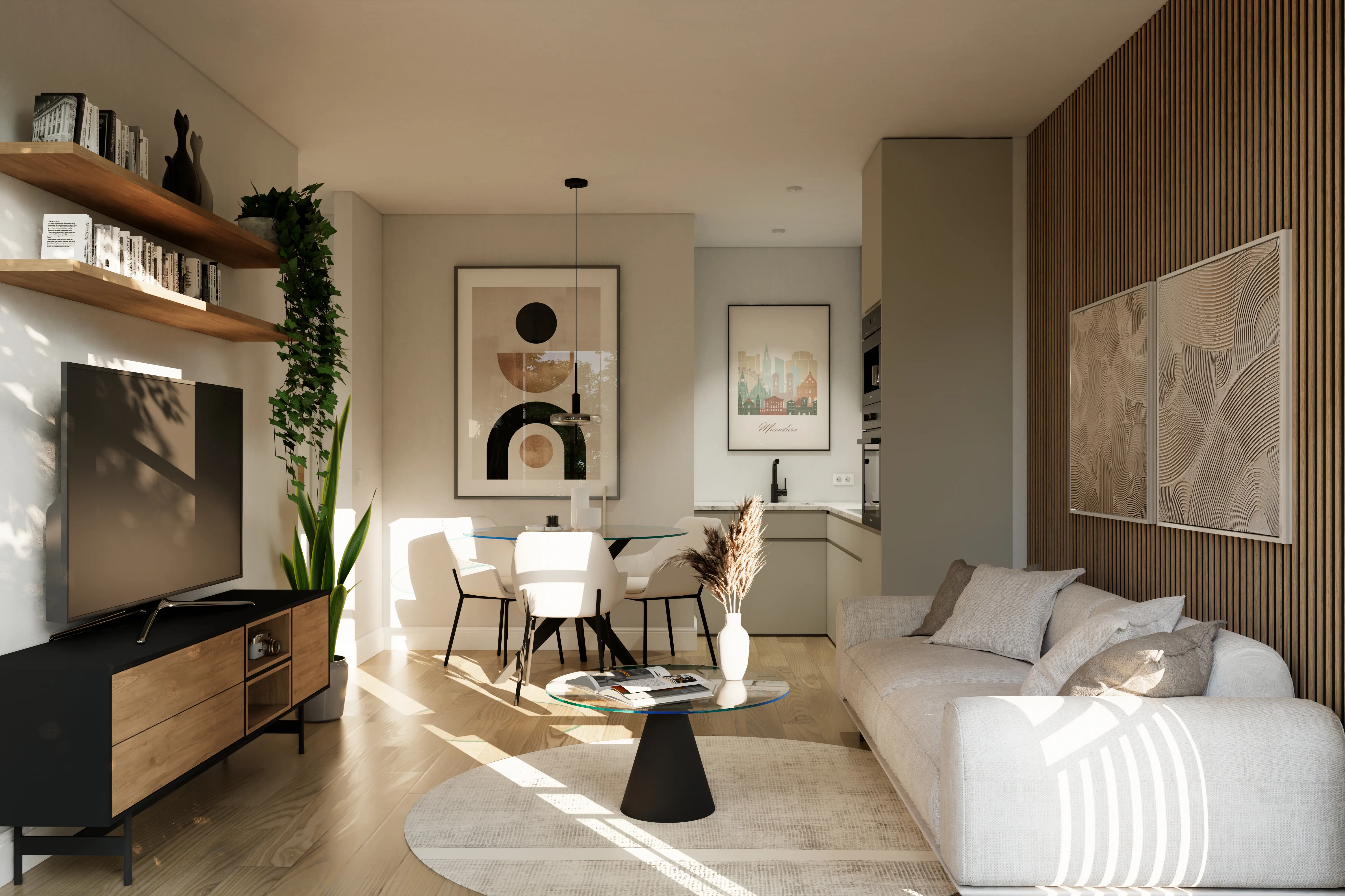 Wohnzimmer einer modernen Neubauwohnung mit offener Raumaufteilung und viel Tageslicht.