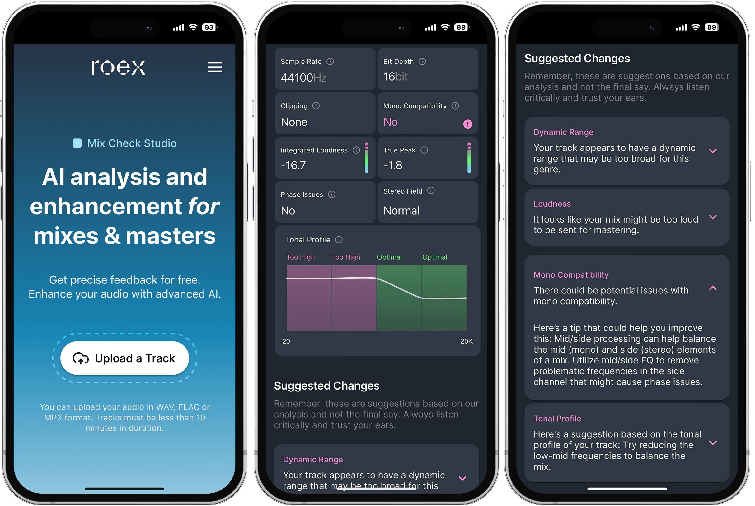 Mix Check Studio on Apple iPhone devices, showing the screens for upload and the Mix Check Report, including Suggested Changes feedback.