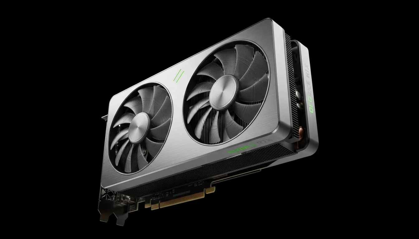 Commercial product photography of a modern NVIDIA GeForce RTX graphics card, DSLR shot from a slightly low angle, centered in the frame. The GPU has a sleek dual-fan design with a distinctive brushed silver metal shroud contrasted against a matte black heatsink with visible cooling fins. Lit with soft studio lighting that elegantly highlights the metallic textures and clean lines. The entire product is in sharp focus, isolated against a pure black seamless background, hyperrealistic detail.