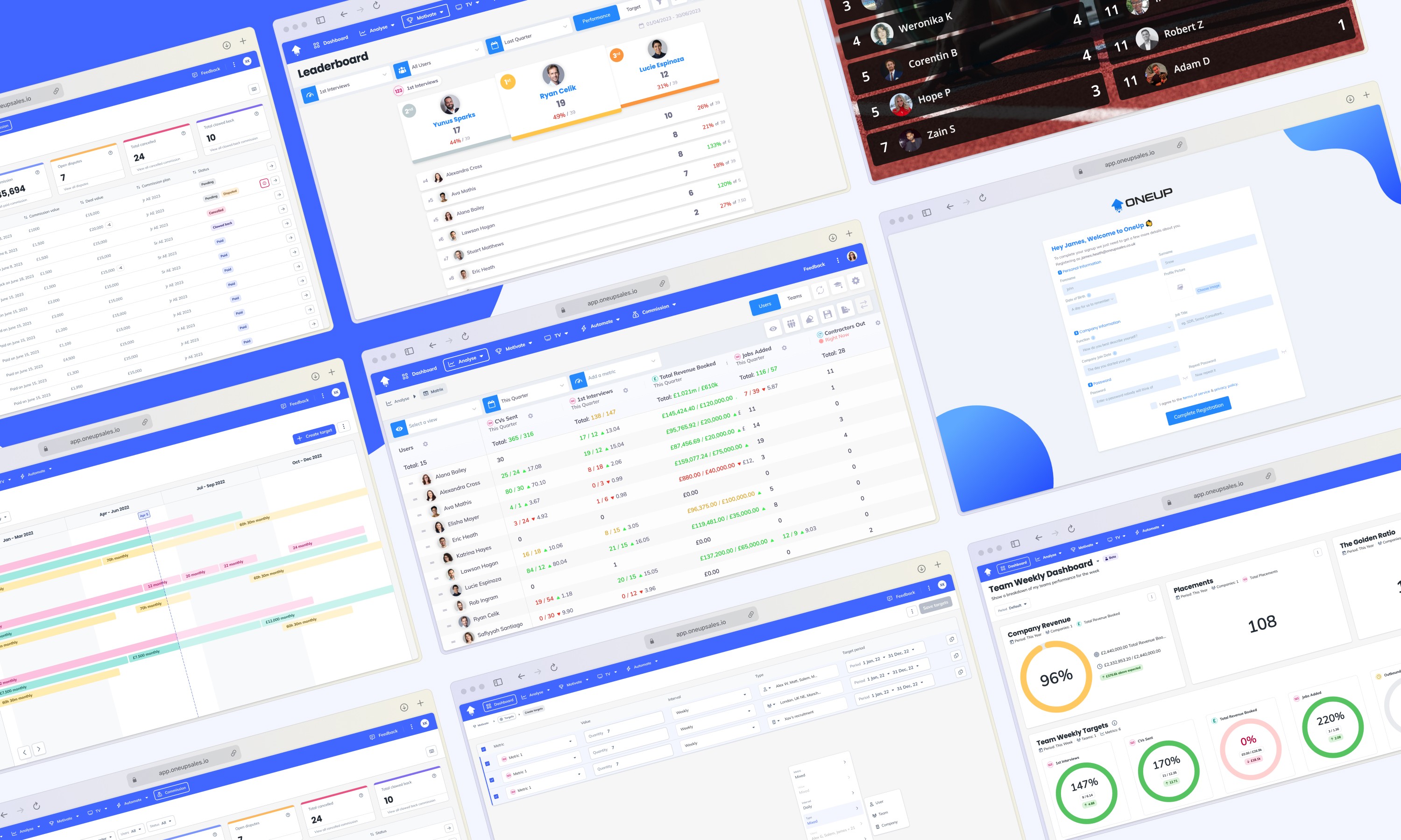 A grid view showing a variety of screens from the OneUp platform