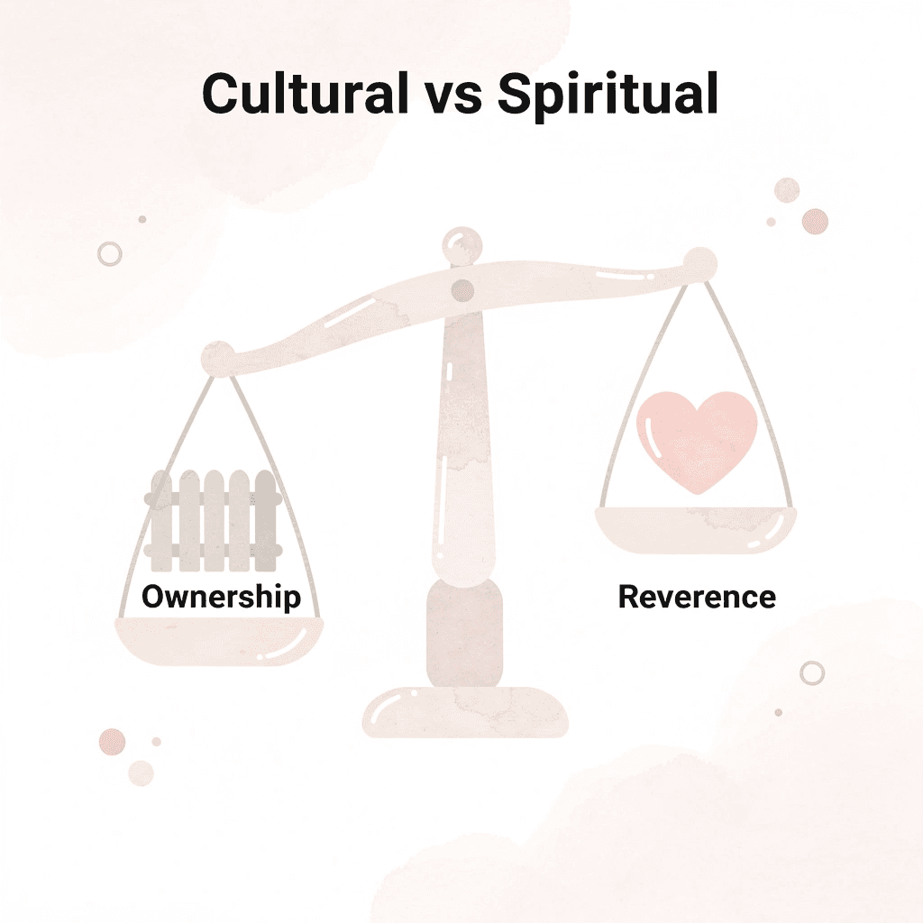 Balance scale comparing cultural ownership versus spiritual reverence