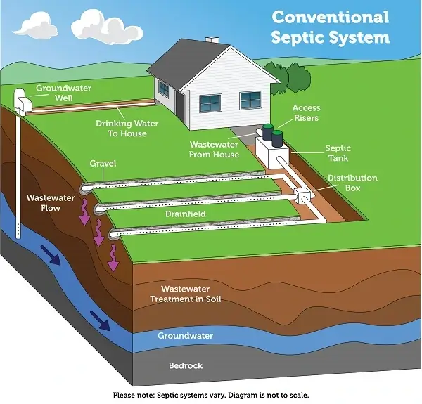 Illustration of a conventional septic system layout, including septic tank, drainfield, distribution box, and groundwater flow beneath a residential home