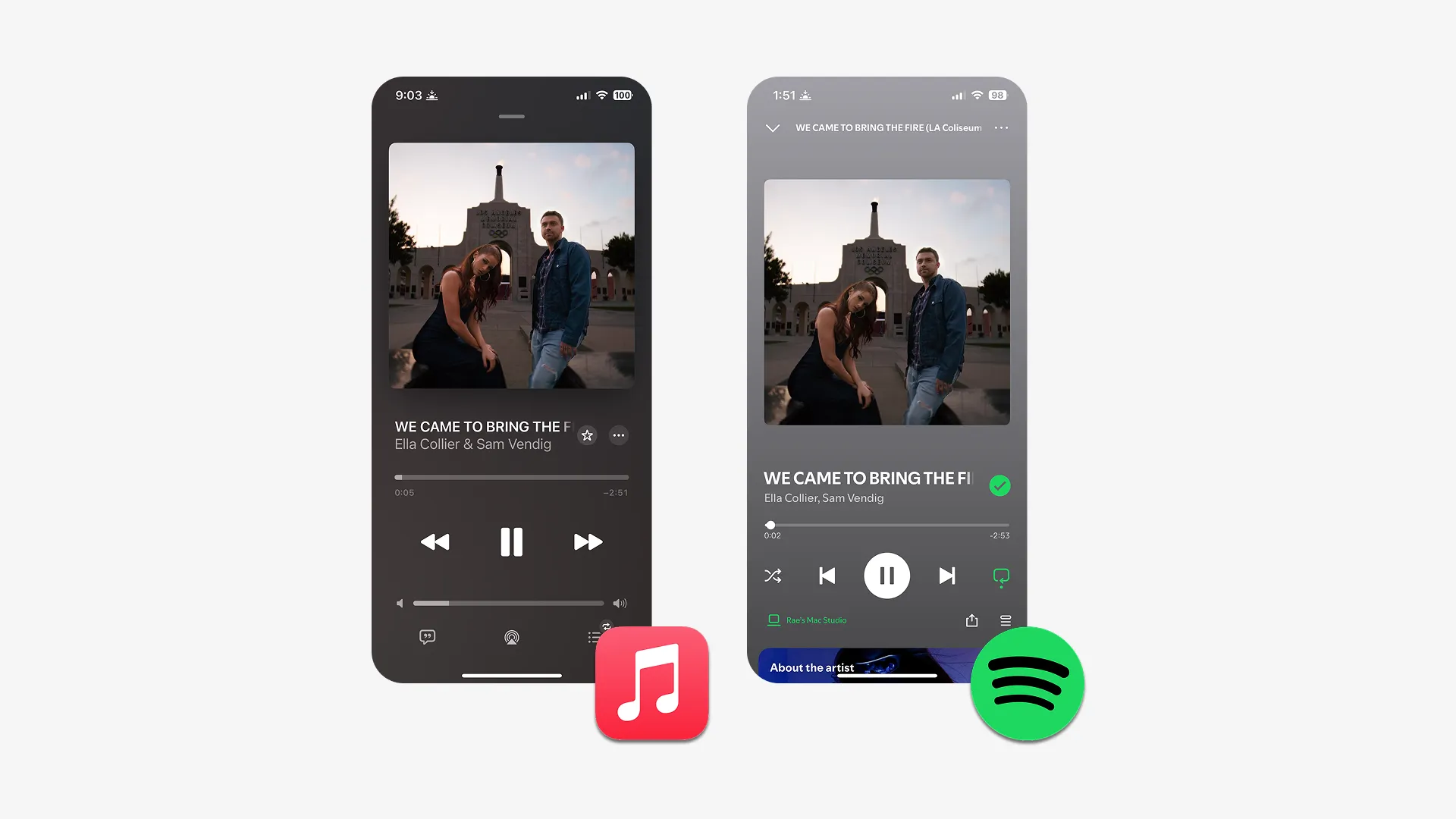 Apple Music and Spotify mobile screens for "We Came to Bring the Fire."