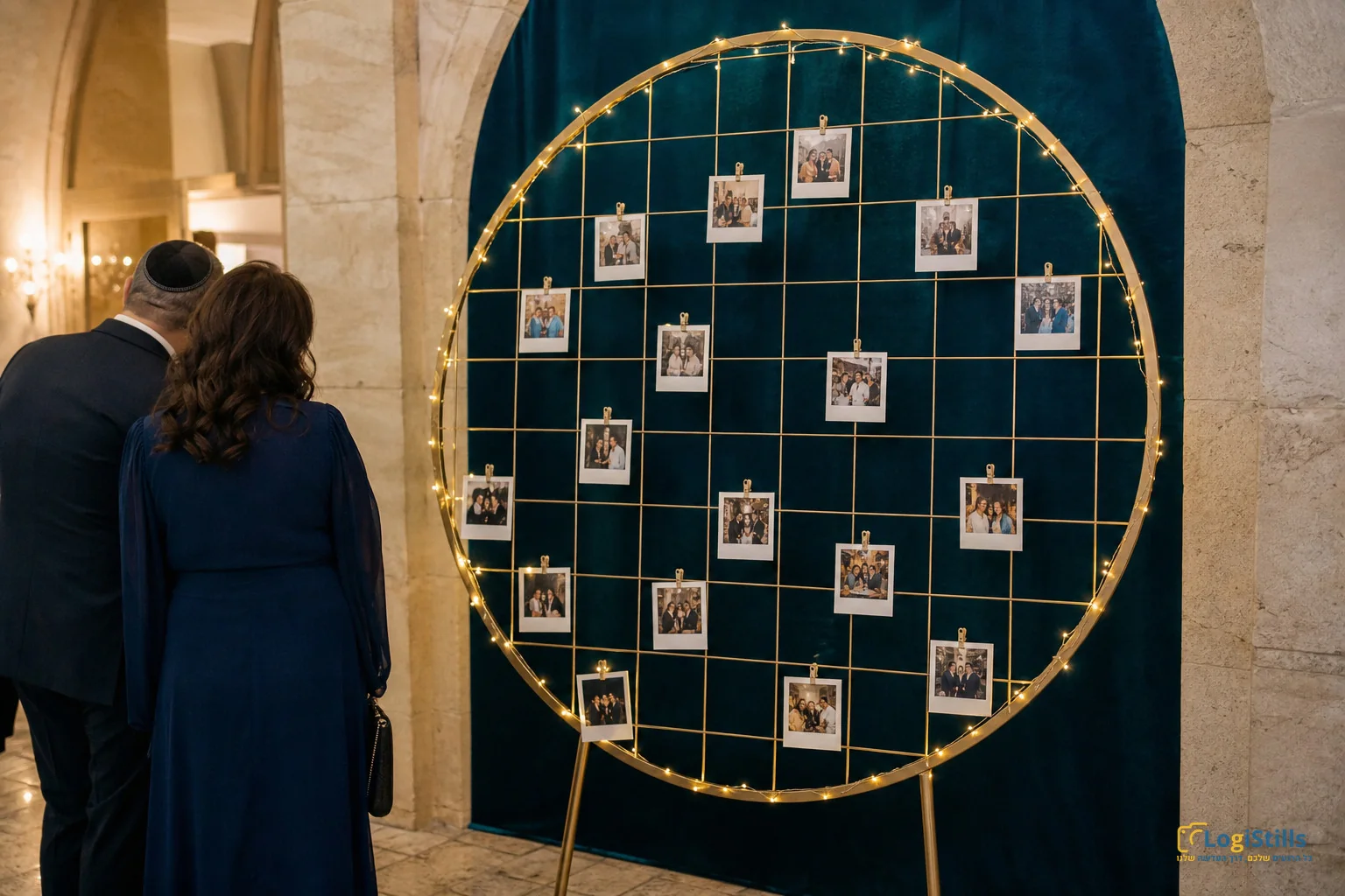קיר תצוגה עגול עם תמונות פולארויד ותאורת שרשרת