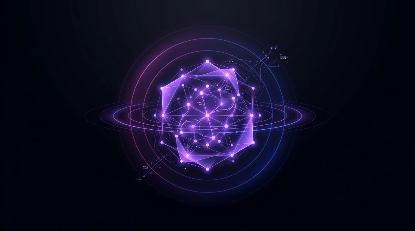 A minimalist 3D rendering of a glowing purple data node symbolizing AI SEO services and the shift toward generative search engine optimization.