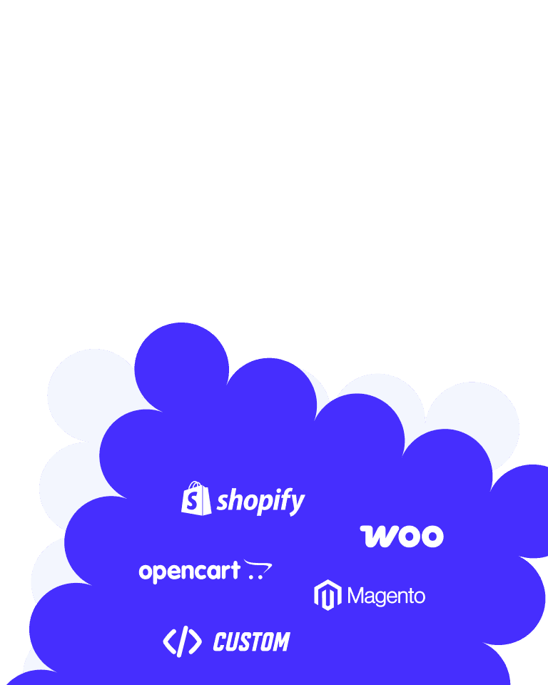 Visual depicting the e-commerce platforms VibeCart supports. These are Shopify, WooCommerce, OpenCart, Magento, as well as custom platforms