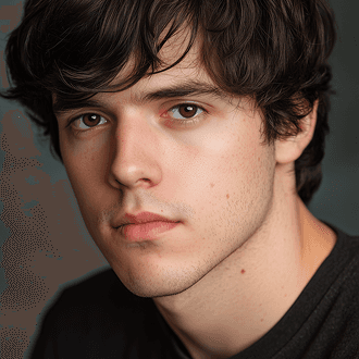 A man wearing a black shirt stands confidently, showcasing a casual yet stylish appearance.