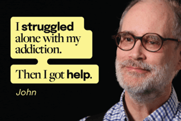Man in glasses, smiling, with quote about addiction and getting help. Text reads: "I struggled alone with my addiction. Then I got help."