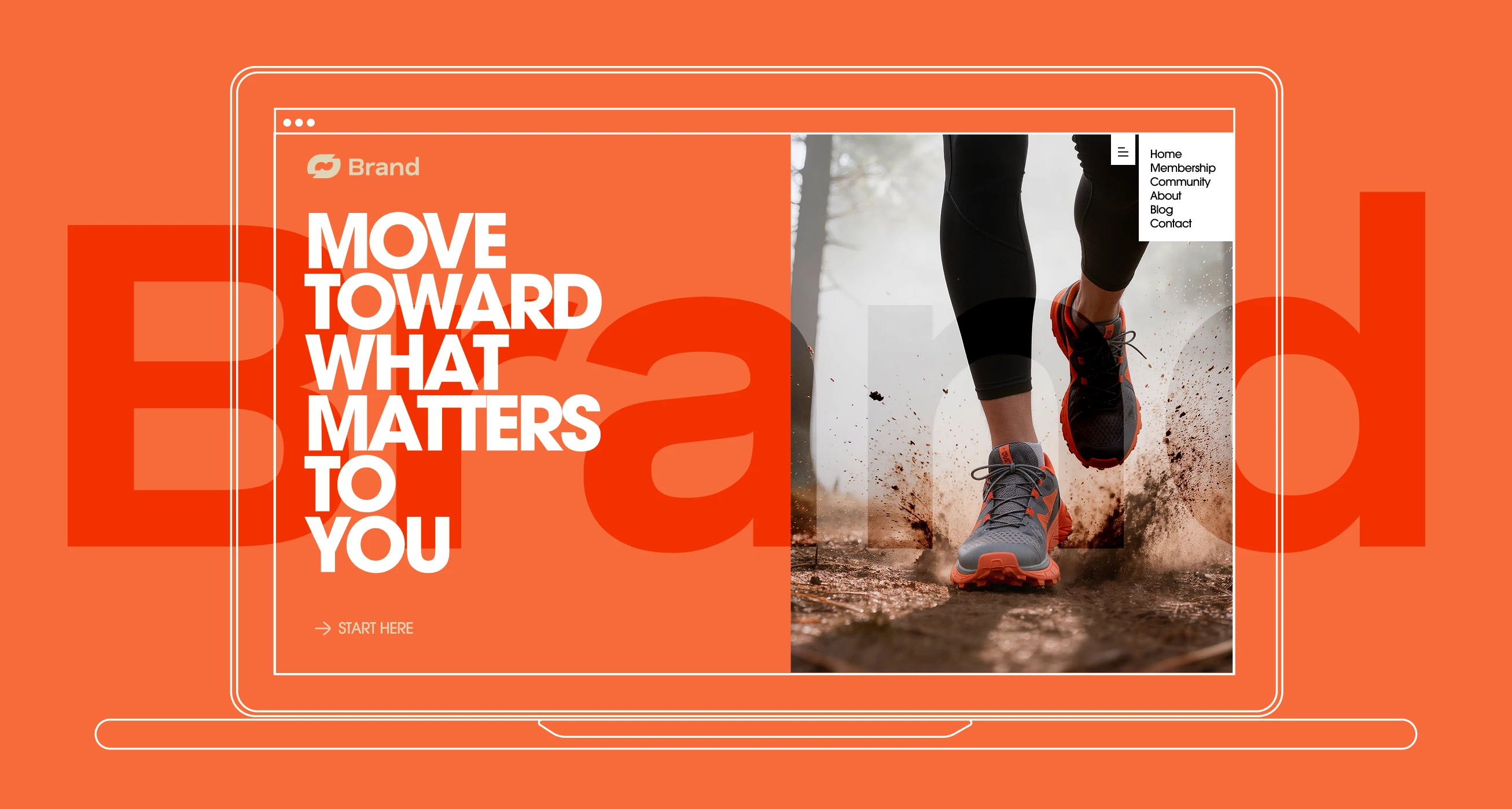 Runner's feet splashing mud on an orange webpage with motivational text.