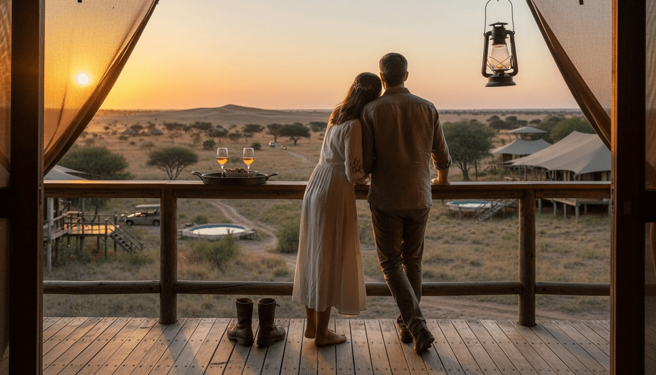 Couple relaxing on luxury lodge deck