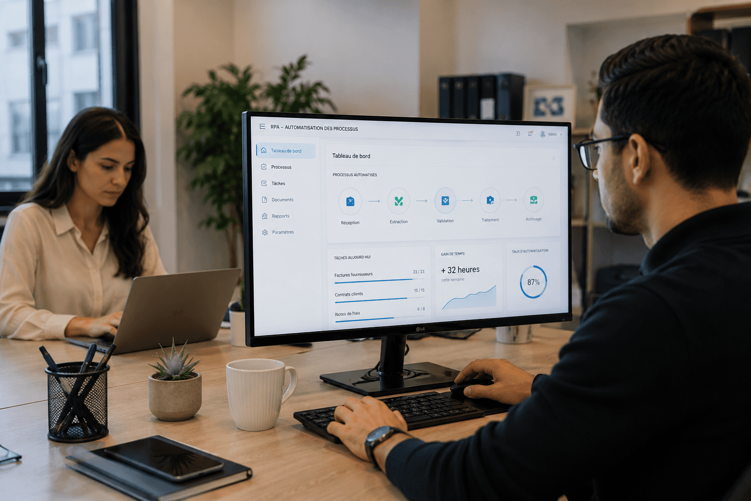 man sitting beside woman looking at a contract on DocuSign
