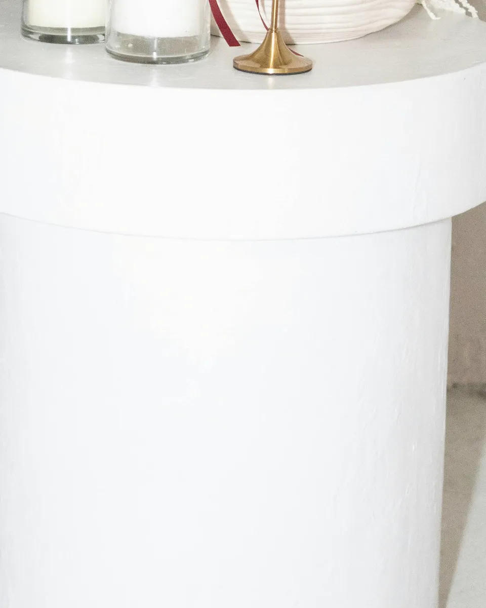 Close-up of the plaster side table