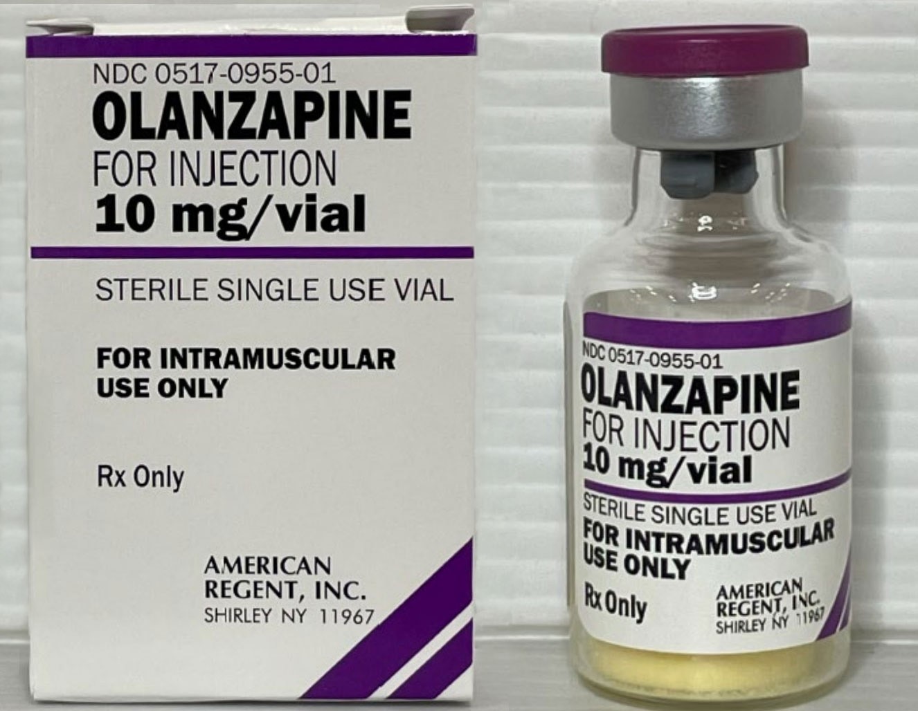 An American Regent box and single-use vial of Olanzapine for Injection, 10 mg/vial, for intramuscular use only.