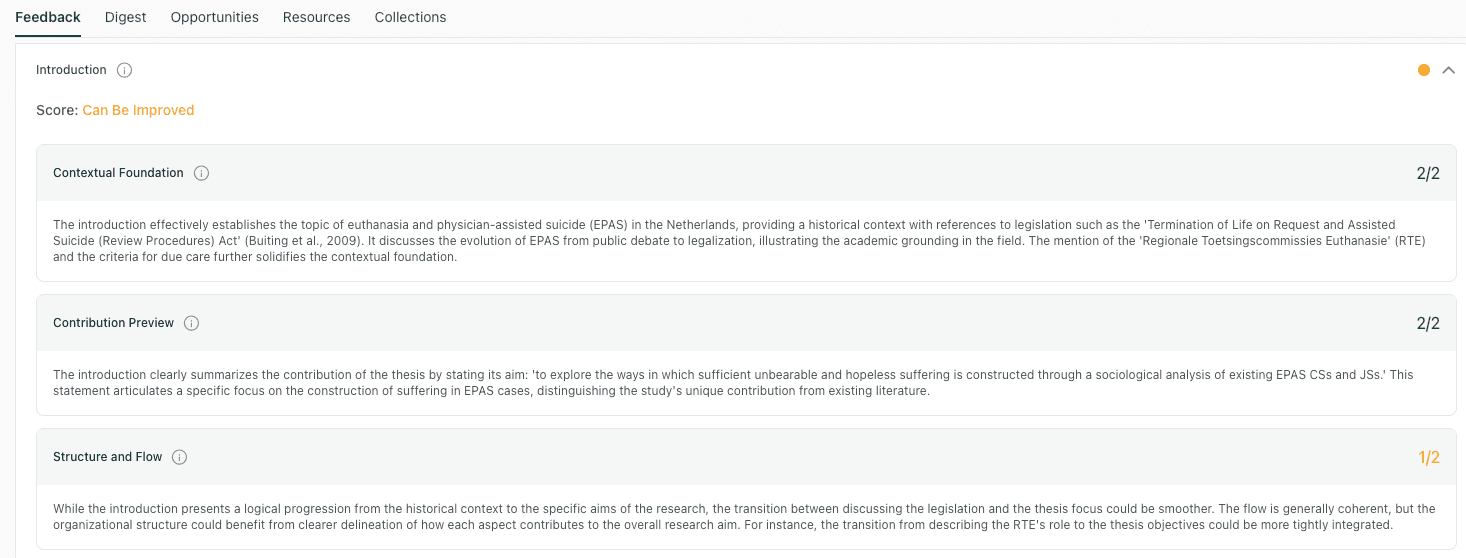 thesify introduction feedback showing Contextual Foundation score (2/2) with notes, plus Contribution Preview (2/2) and Structure and Flow (1/2)